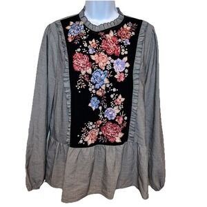 Savanna Jane Large Embroidered Long Sleeve Top Ruffles Floral Stripes Boho‎